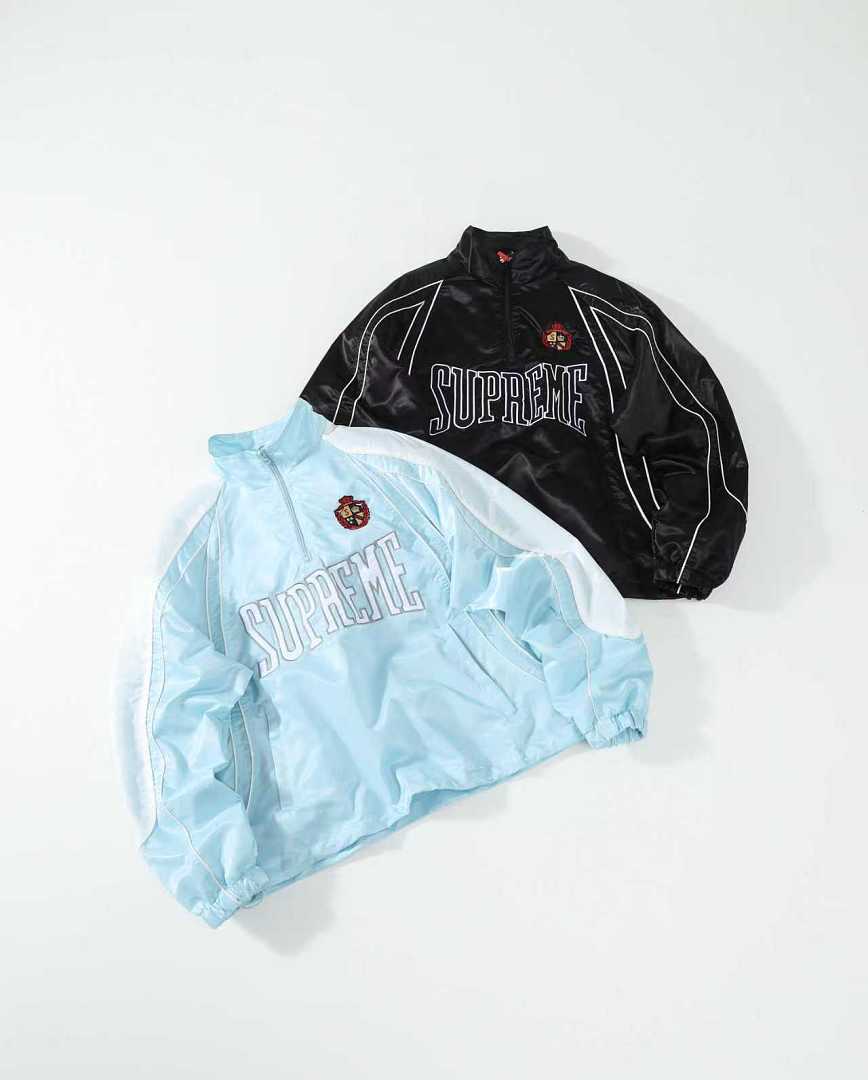 Supreme 398 SS25 Satin Piping Pullover LOGO Top Surface Embroidered Half : Black Ice Blue S-XL