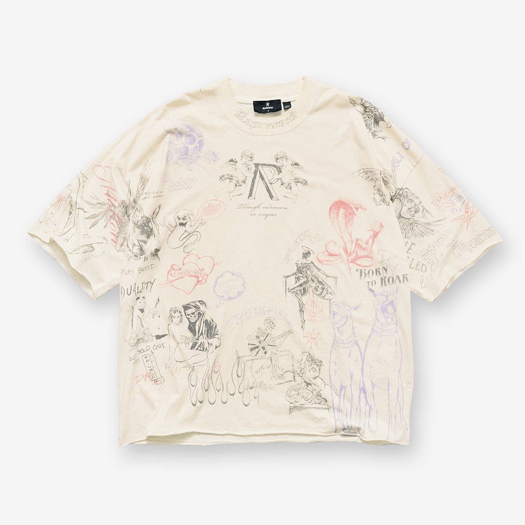 Represent 178 REPRESENT Legacy T-Shirt Sky Print Washed Short Sleeve T : Black White S M L - Image 38