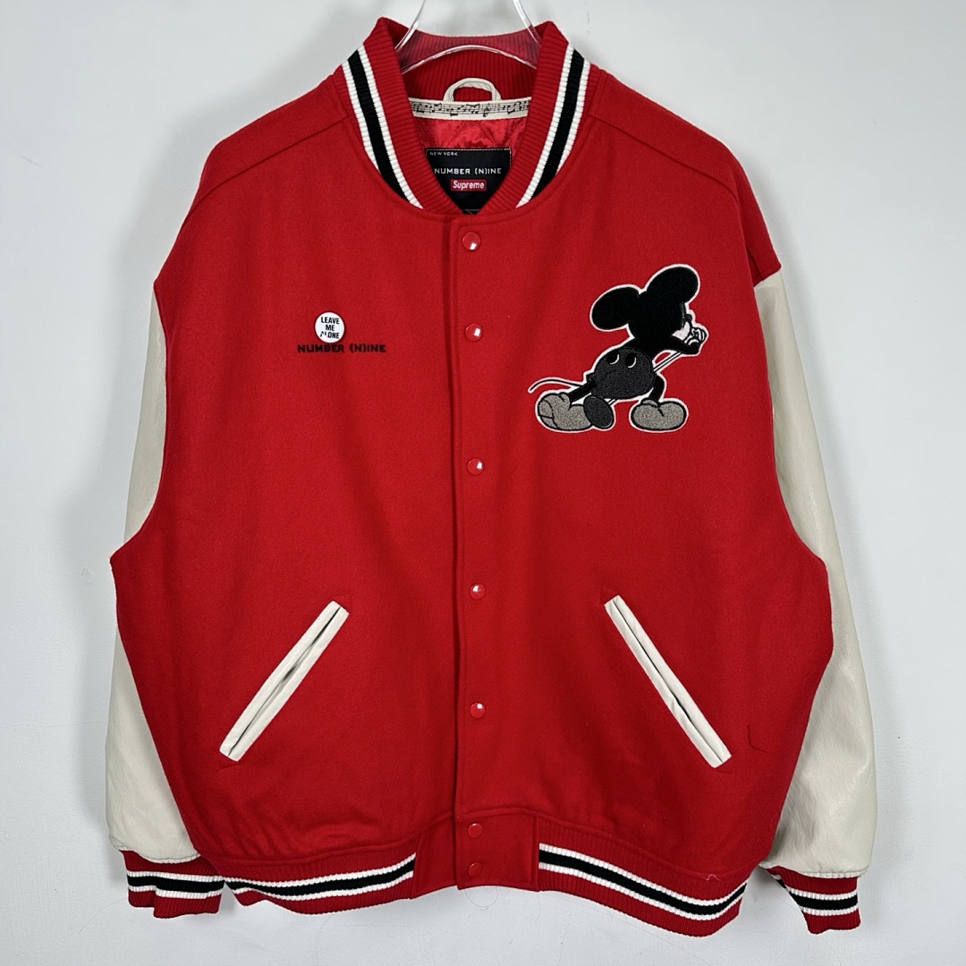 Supreme 568 NUMBER INE Cream Classic Collab MICKEY VARSITY JACKET / Red Black S (N) - Image 14