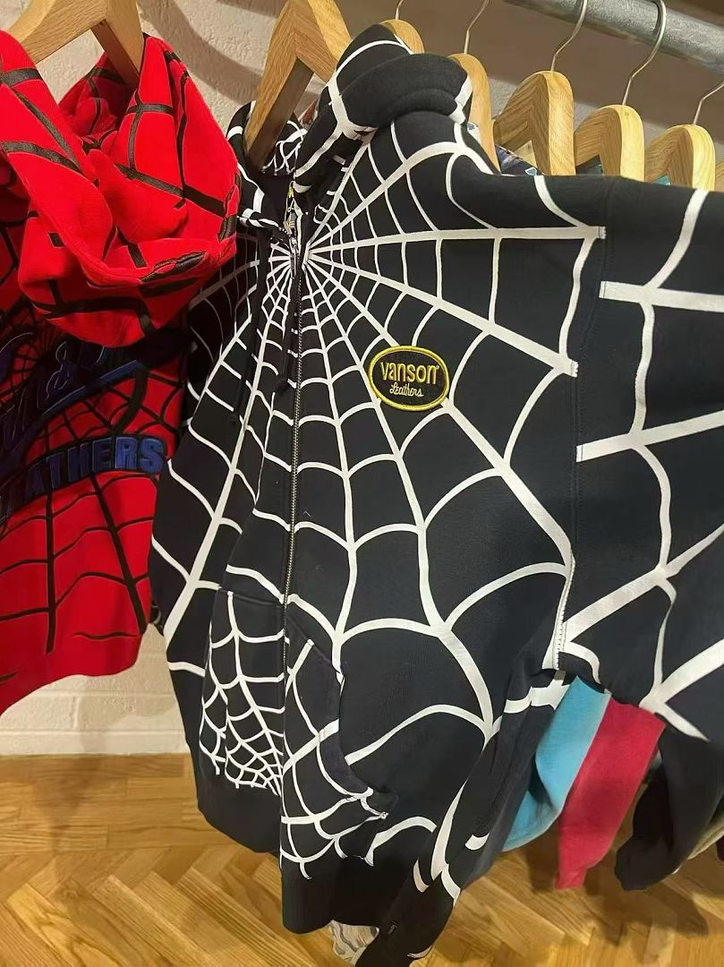 Sp5der 438 VANSON SPIDER-MAN Collab SS26 ZIP UP HOODED Thin Velvet Black Red S-XL - Image 31