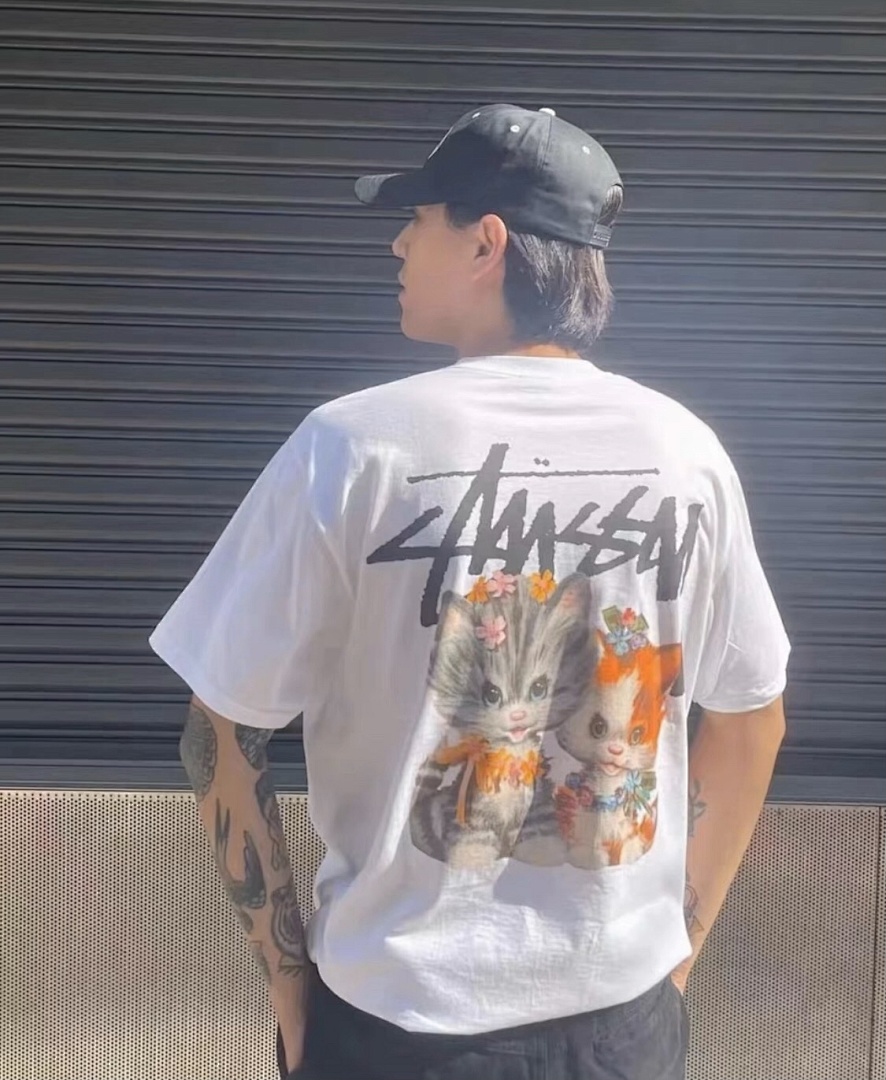Stussy 108 STU KITTENS TEE 3D Logo Khaki Print Short Sleeve T : White Black S M L XL Y1319# - Image 7
