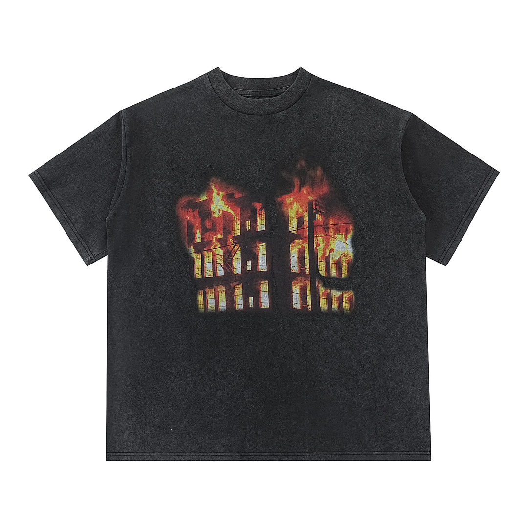 Unbranded 118 Vintage Water Fire Print Short Sleeve : Grey S-XL #