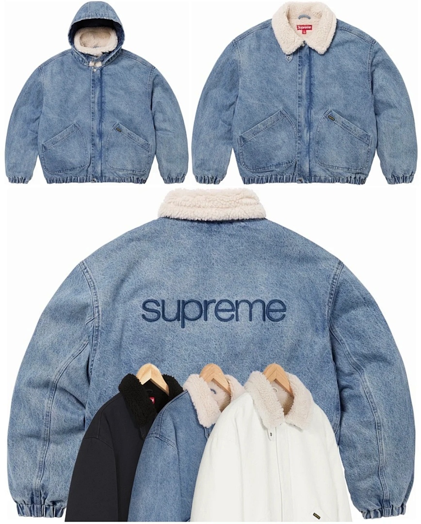 Supreme 598 24Fw Faux Shearling Lined Bomber Jacket Velvet Black White Water Blue S-XL