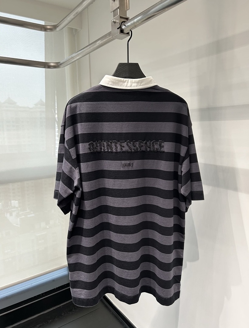 Unbranded 168 JUUN Wind Striped Patchwork Embroidered Logo Collar Short Sleeve T Black Grey S-XL J6067# - Image 17
