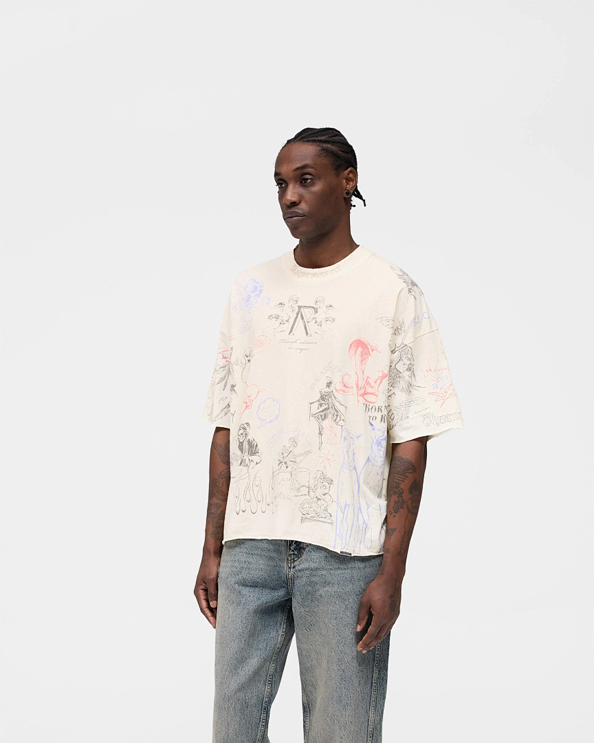 Represent 178 REPRESENT Legacy T-Shirt Sky Print Washed Short Sleeve T : Black White S M L - Image 23
