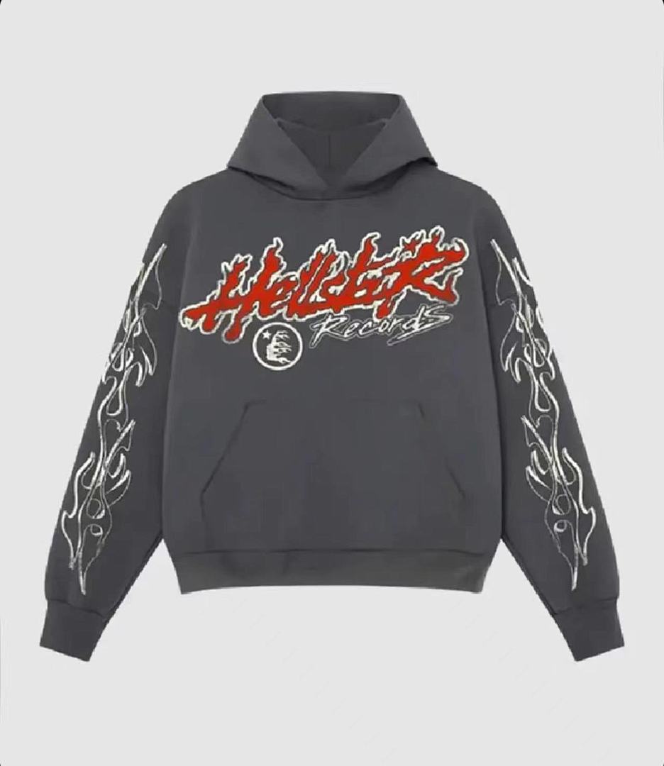 Hellstar 258 Hellstar Studios Tour Hoodie Fire Flame Mens Womens Wide Water Grey S-M-L-XL