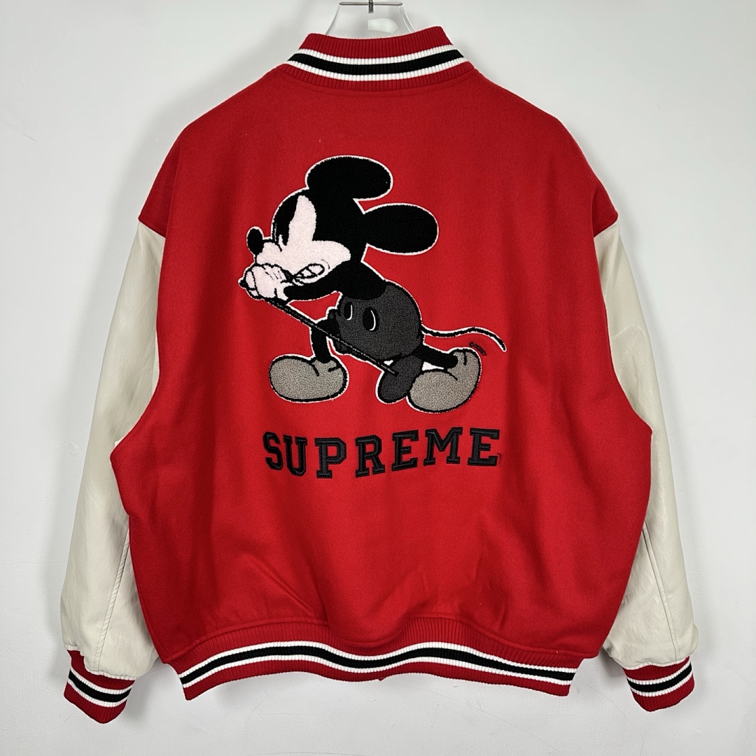 Supreme 568 NUMBER INE Cream Classic Collab MICKEY VARSITY JACKET / Red Black S (N) - Image 13