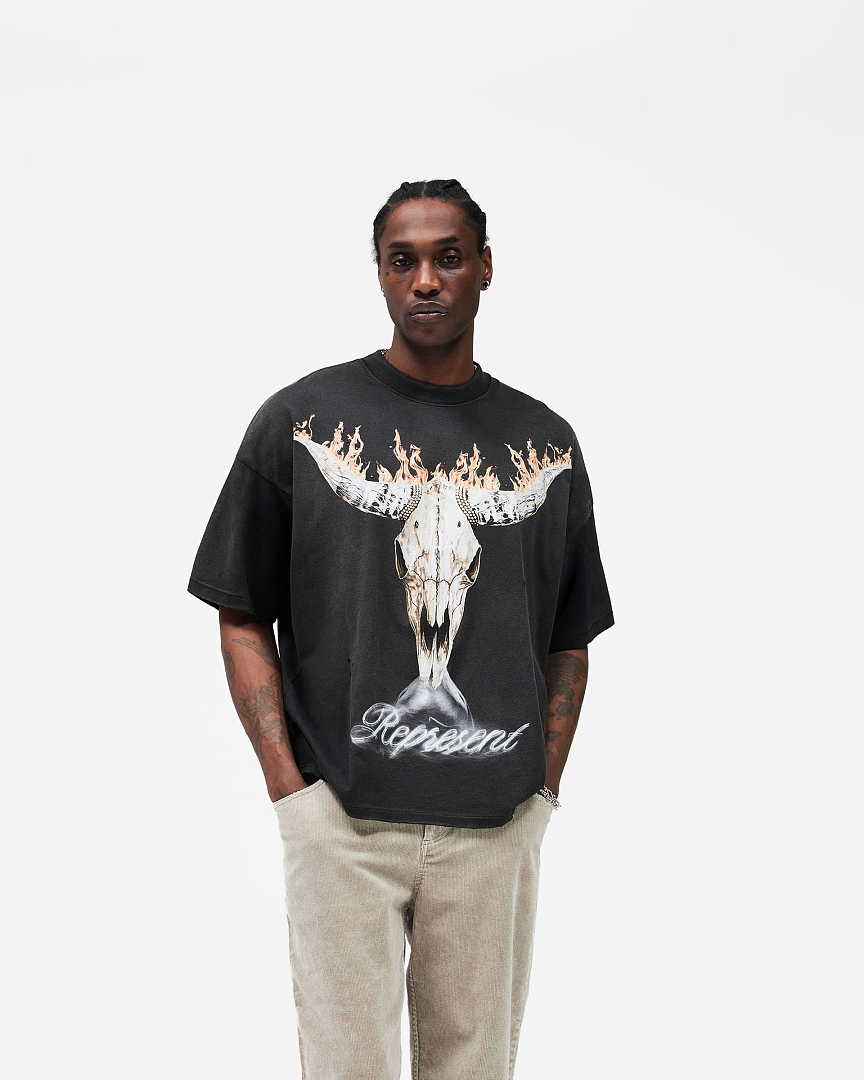 Represent 168 Represent British Cowboys T-Shirt 26Ss Top Fire Flame Diamond Washed Print Collar Short Sleeve T : Black White S M L - Image 6