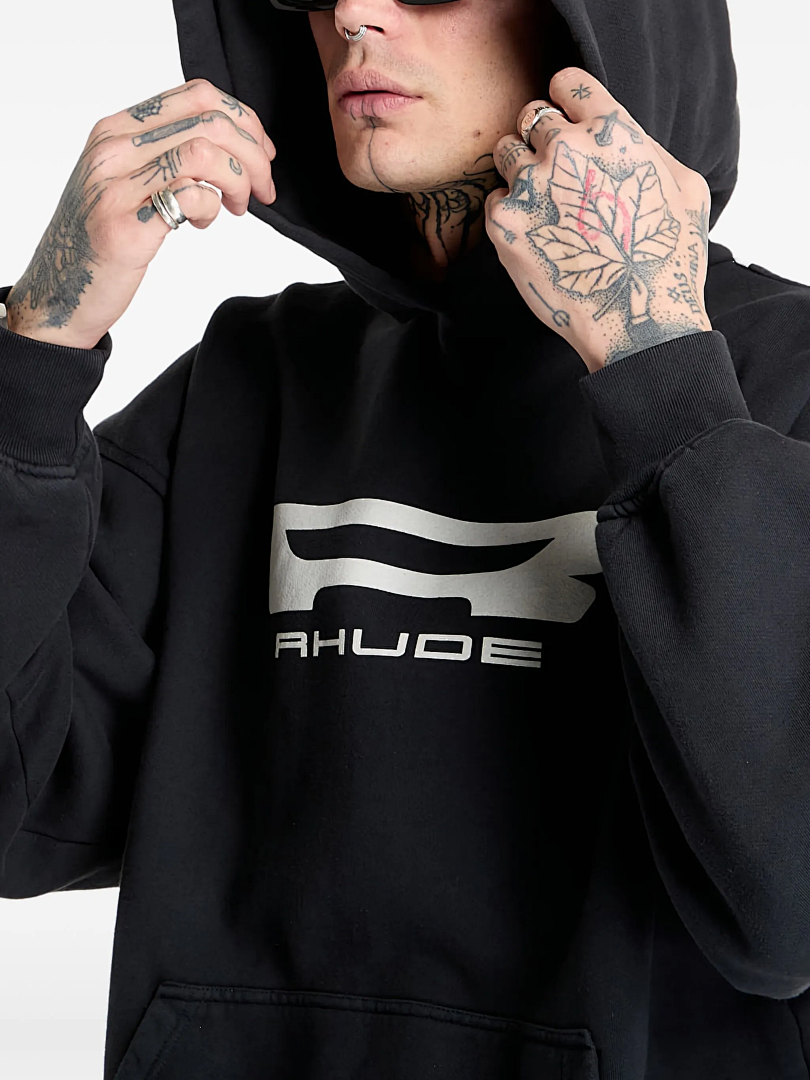 On Running ON SALE138 Rhude Black Campione Hoodie Big R Washed Print Short Wide Boxy : S M L - Image 19