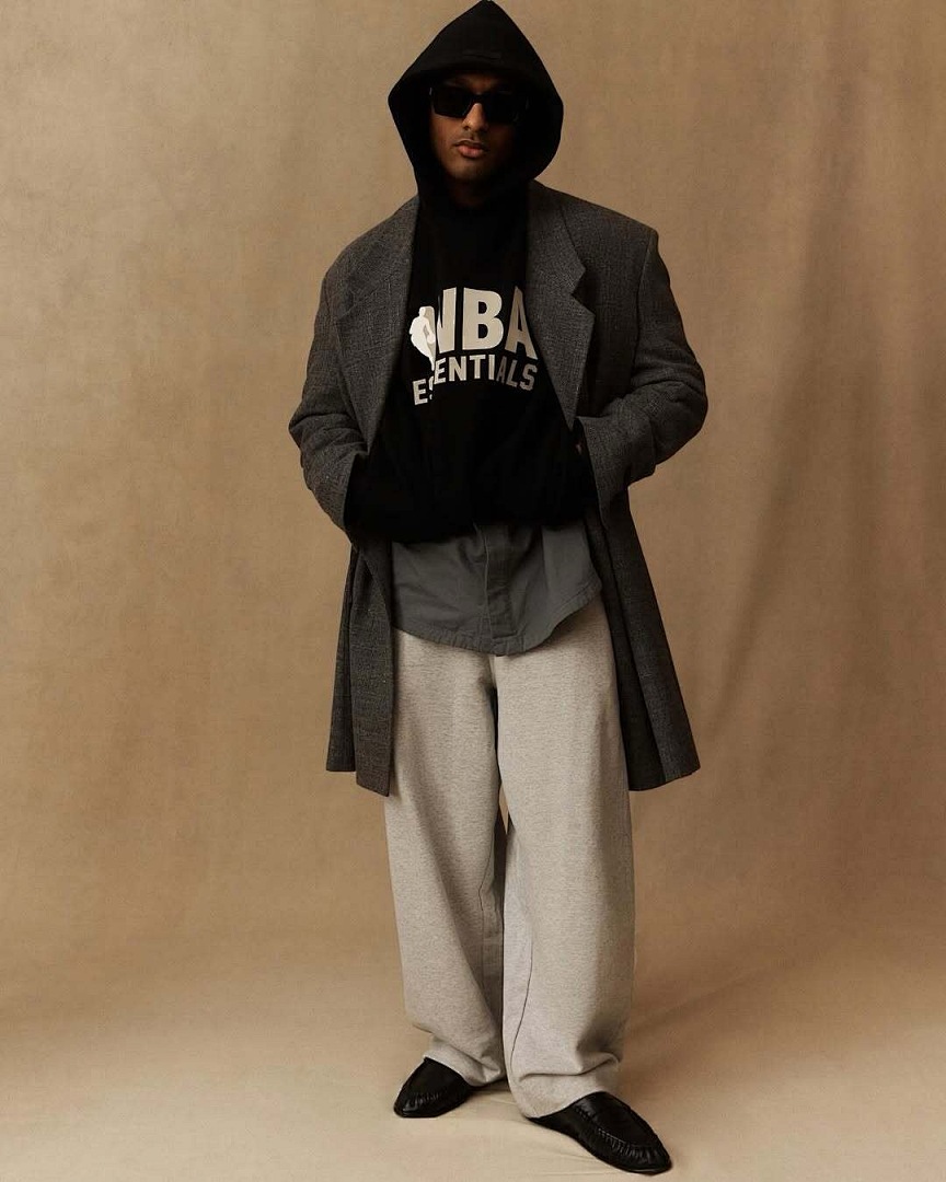 Essentials 238 Ess X Collab FW25 NBA Hoodie Logo Velvet Print Black Light Mist Grey : SM L - Image 19
