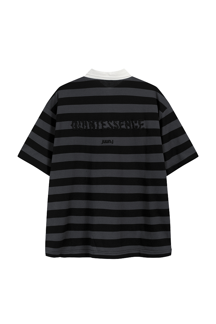 Unbranded 168 JUUN Wind Striped Patchwork Embroidered Logo Collar Short Sleeve T Black Grey S-XL J6067# - Image 3