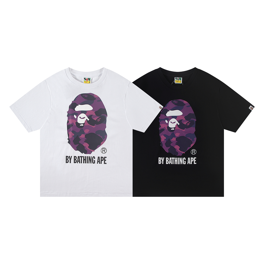 Bape 148 TOP Print Collar Short Sleeve T Black White S-XL