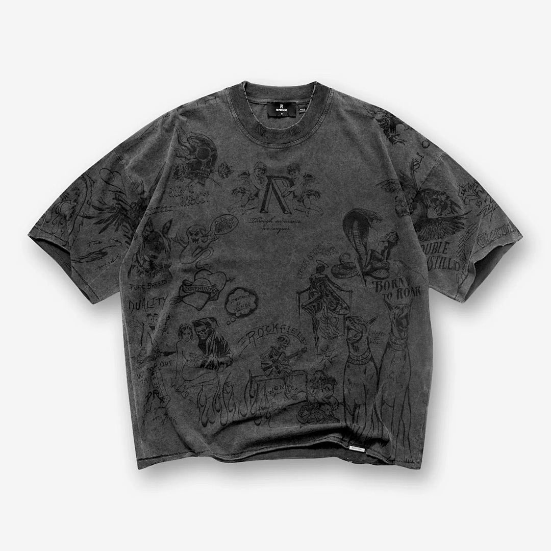 Represent 178 REPRESENT Legacy T-Shirt Sky Print Washed Short Sleeve T : Black White S M L - Image 37
