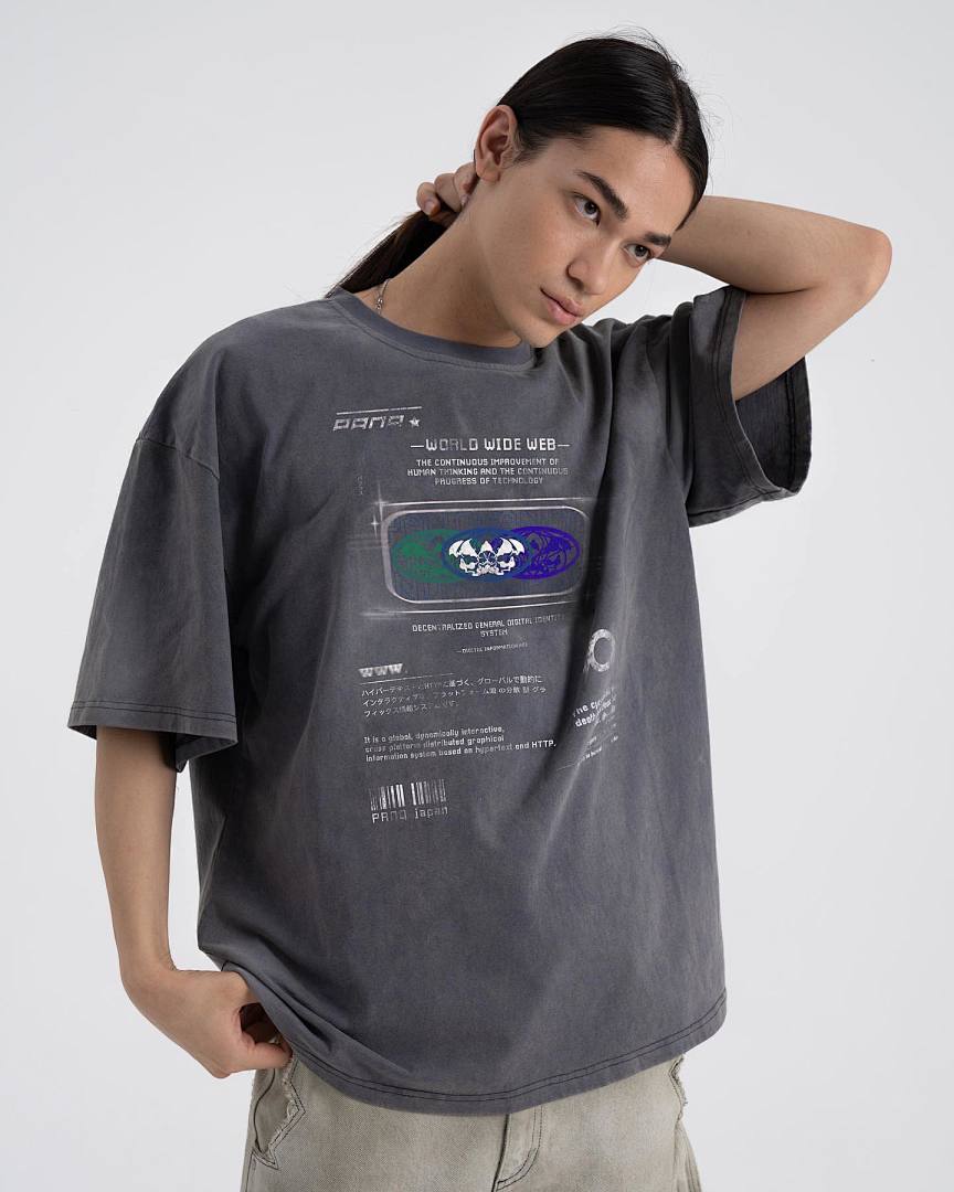 Unbranded 128 PANQ WORLD WIDE WEB Washed Print Short Sleeve T Grey Black S-L 8002# - Image 42