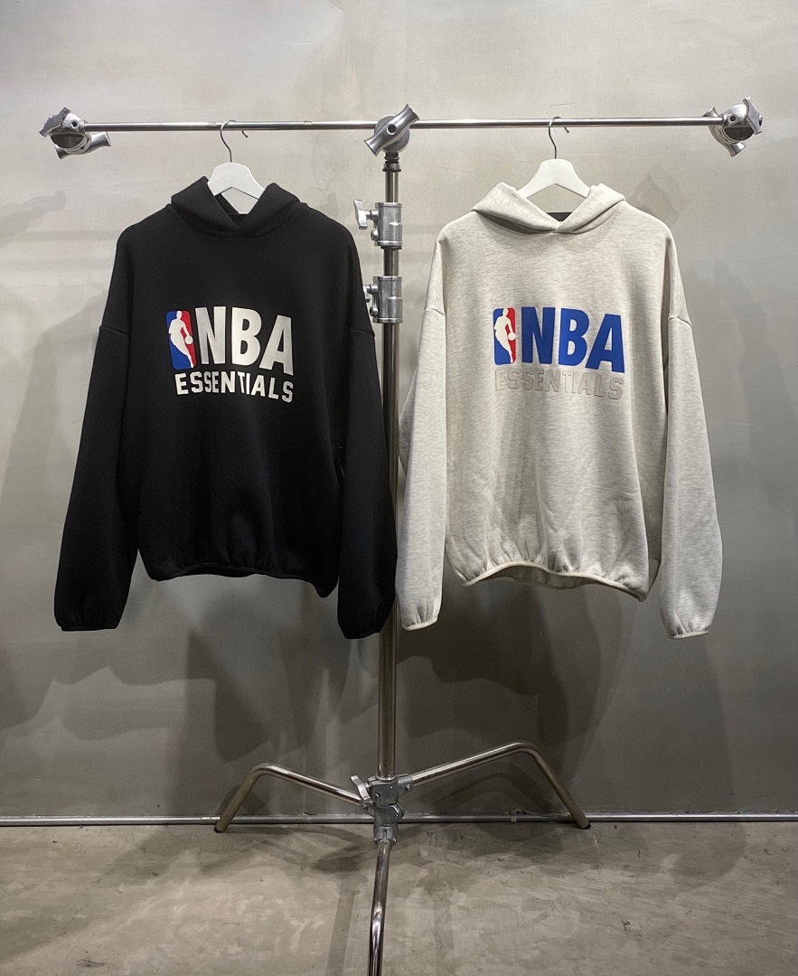 Essentials 238 Ess X Collab FW25 NBA Hoodie Logo Velvet Print Black Light Mist Grey : SM L - Image 4