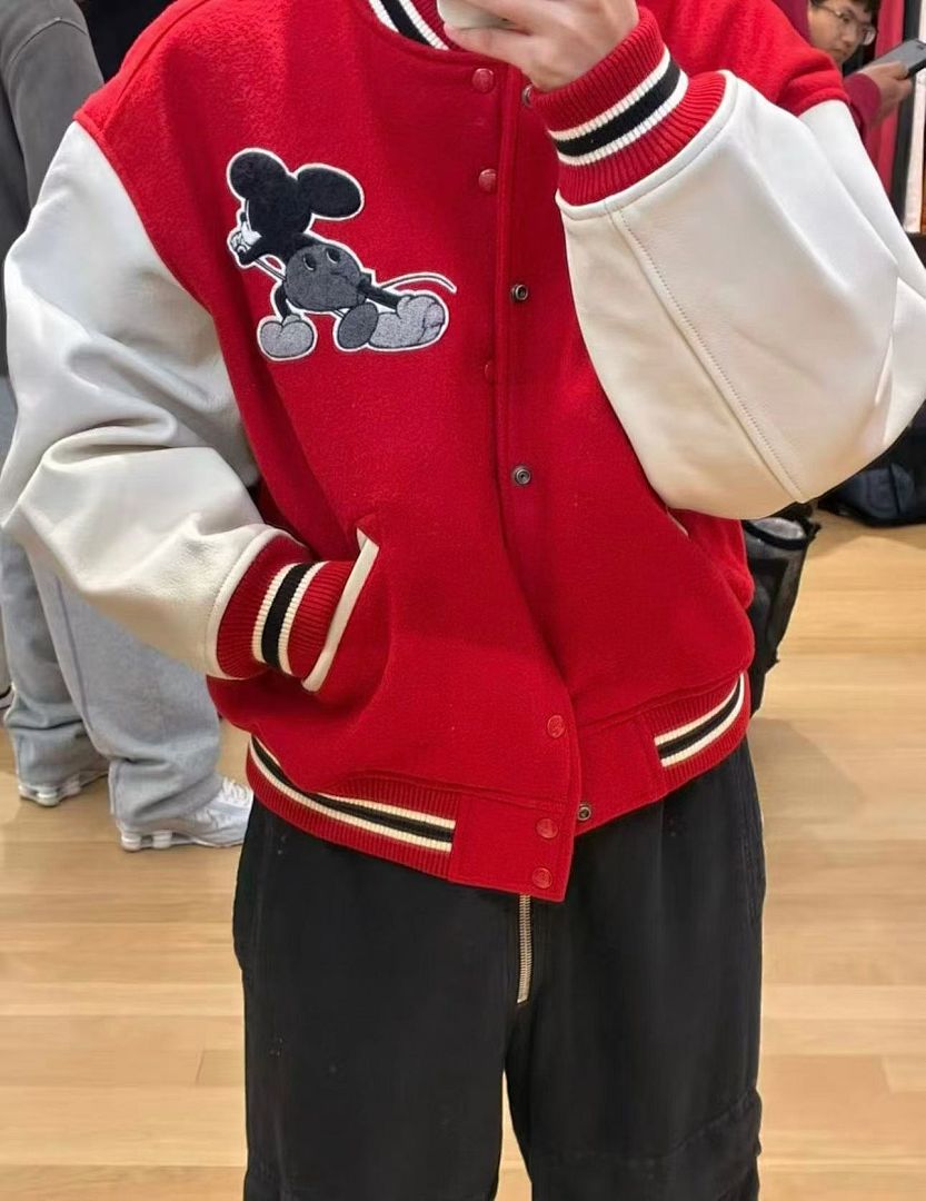 Supreme 568 NUMBER INE Cream Classic Collab MICKEY VARSITY JACKET / Red Black S (N) - Image 58