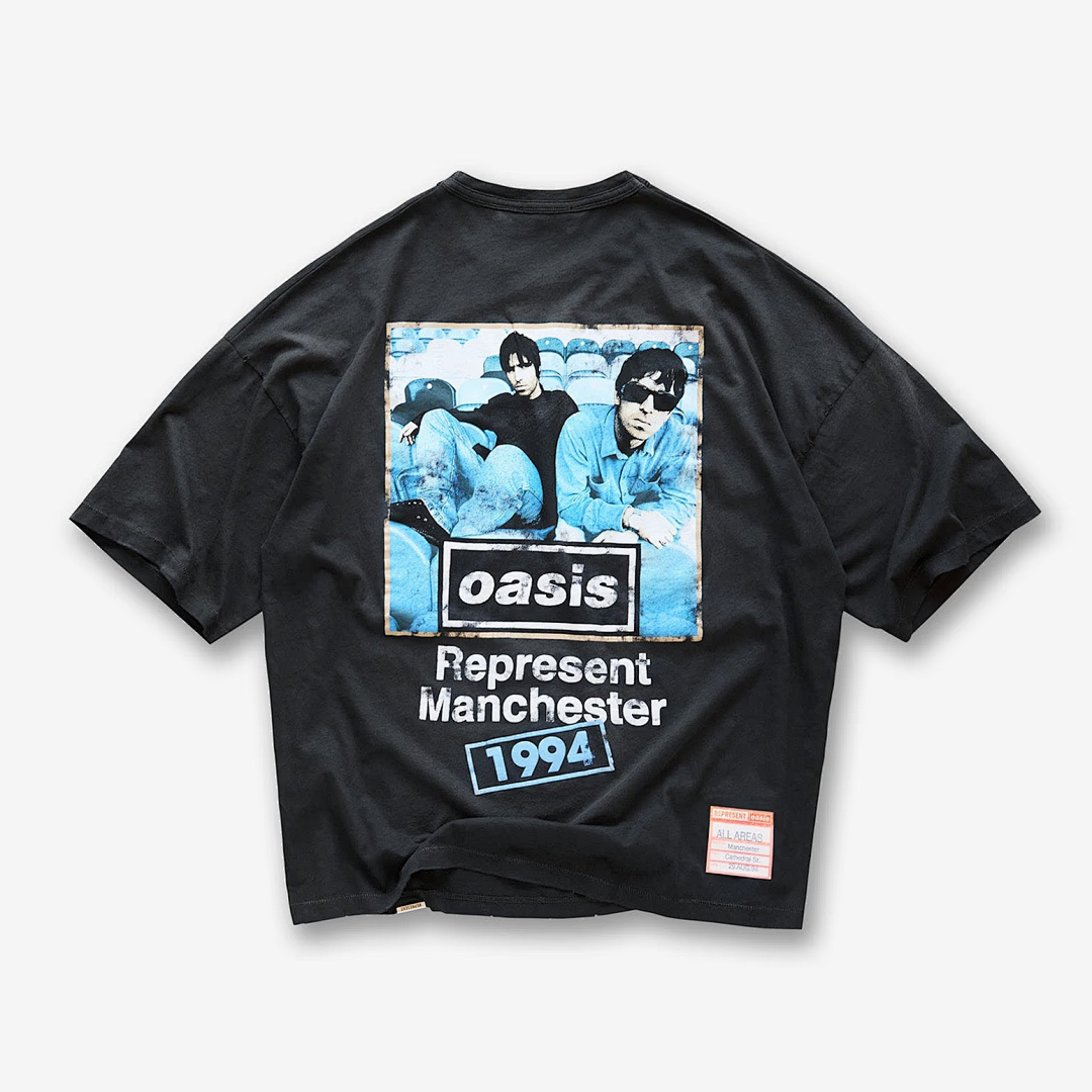 Represent 168 Represent X Oasis Maine Road New Vintage T-Shirt Green Print Short Sleeve T : Washed Black White S M L