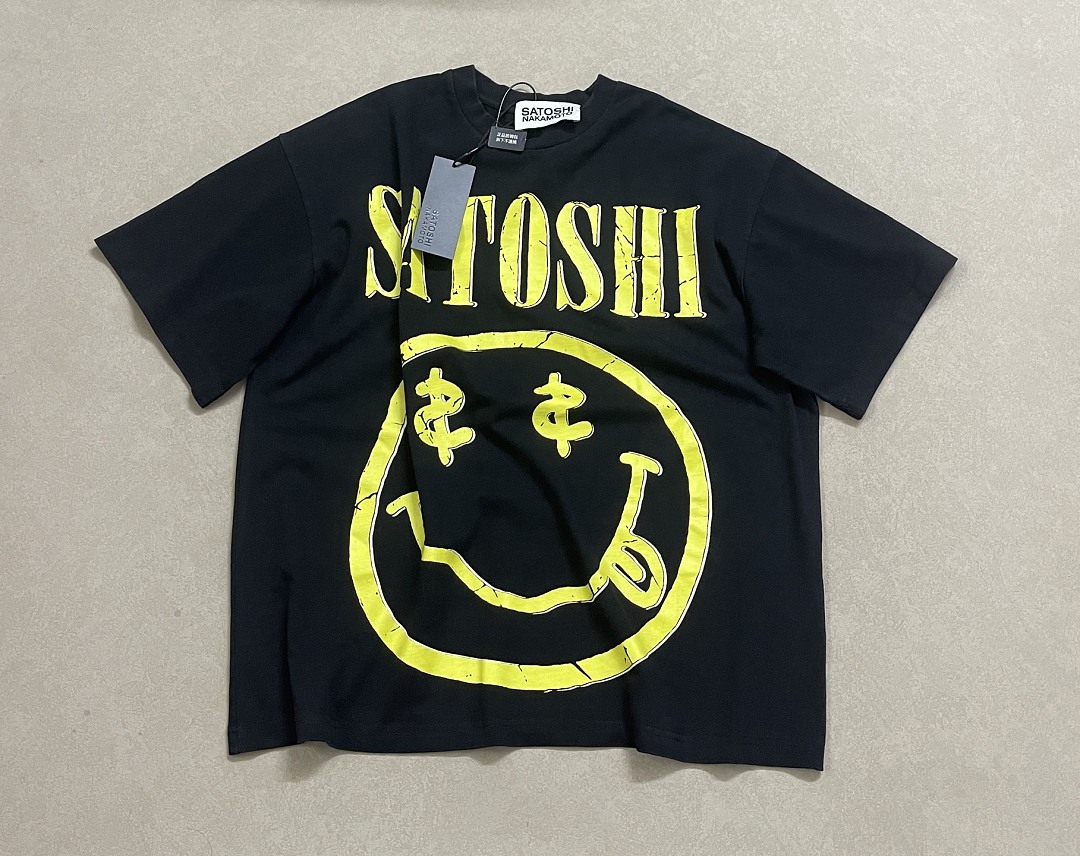 Unbranded 138 Satoshi Nakamoto Yellow Print T Washed Black S M L (Smiley Face) - Image 4