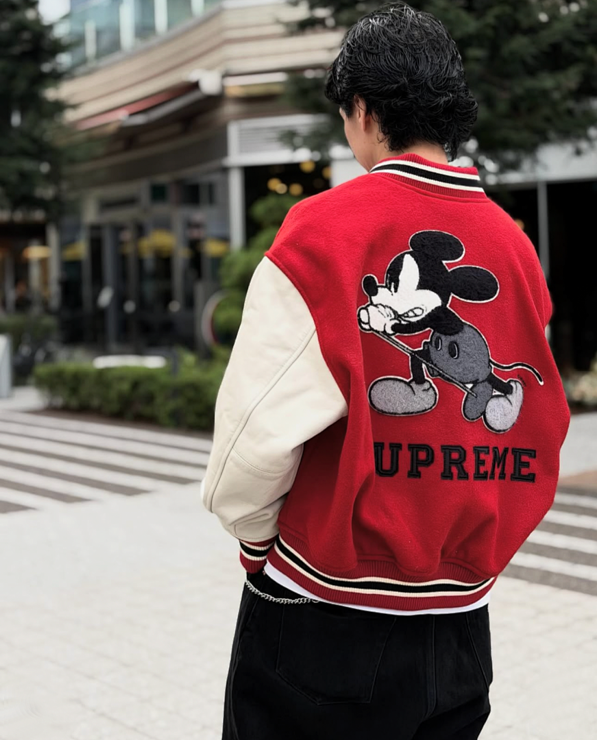 Supreme 568 NUMBER INE Cream Classic Collab MICKEY VARSITY JACKET / Red Black S (N) - Image 60