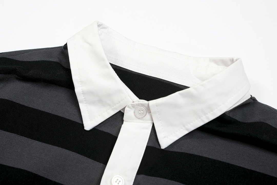 Unbranded 168 JUUN Wind Striped Patchwork Embroidered Logo Collar Short Sleeve T Black Grey S-XL J6067# - Image 4