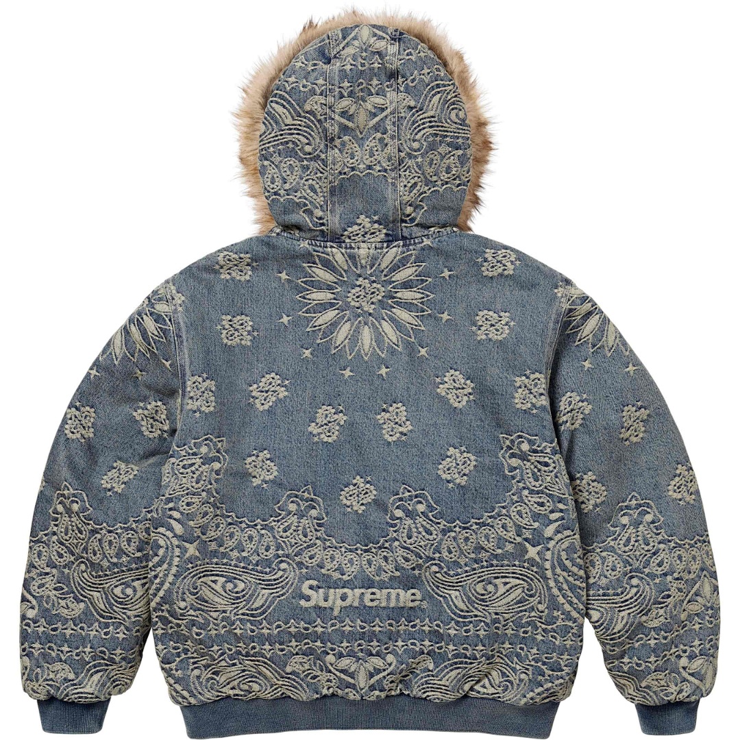 Supreme 658 SS25 BANDANA JACQUARD DENIM HOODED WORK JACKET Floral Fruit Cotton Water Blue S - Image 3