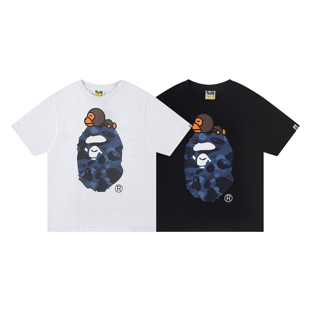 Bape 148 TOP Print Collar Short Sleeve T Black White S-XL