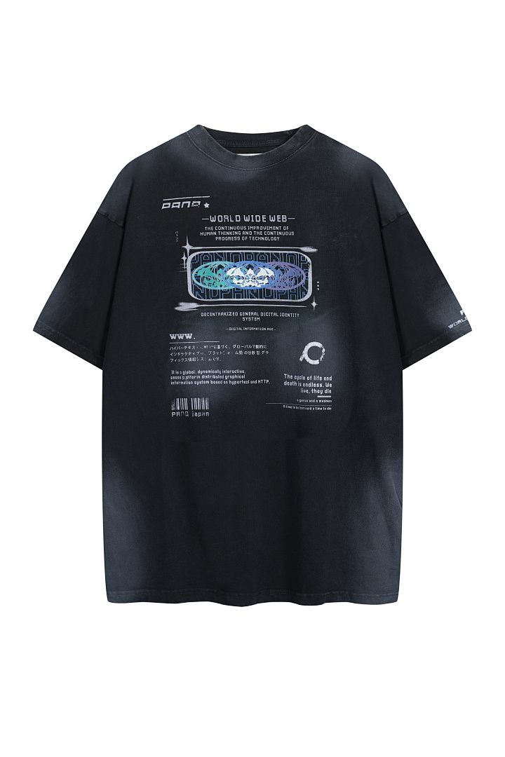 Unbranded 128 PANQ WORLD WIDE WEB Washed Print Short Sleeve T Grey Black S-L 8002# - Image 3