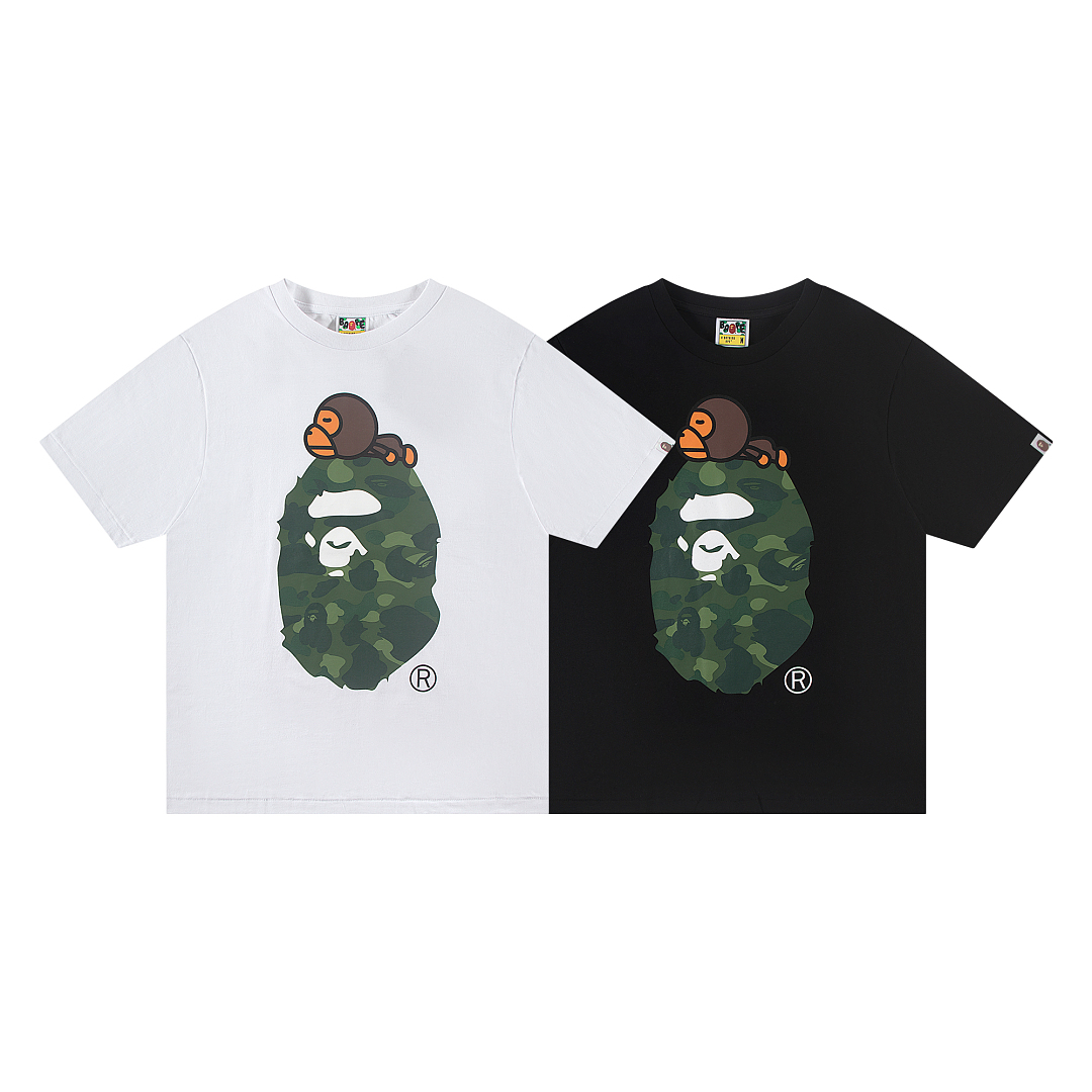 Bape 148 TOP Print Collar Short Sleeve T Black White S-XL