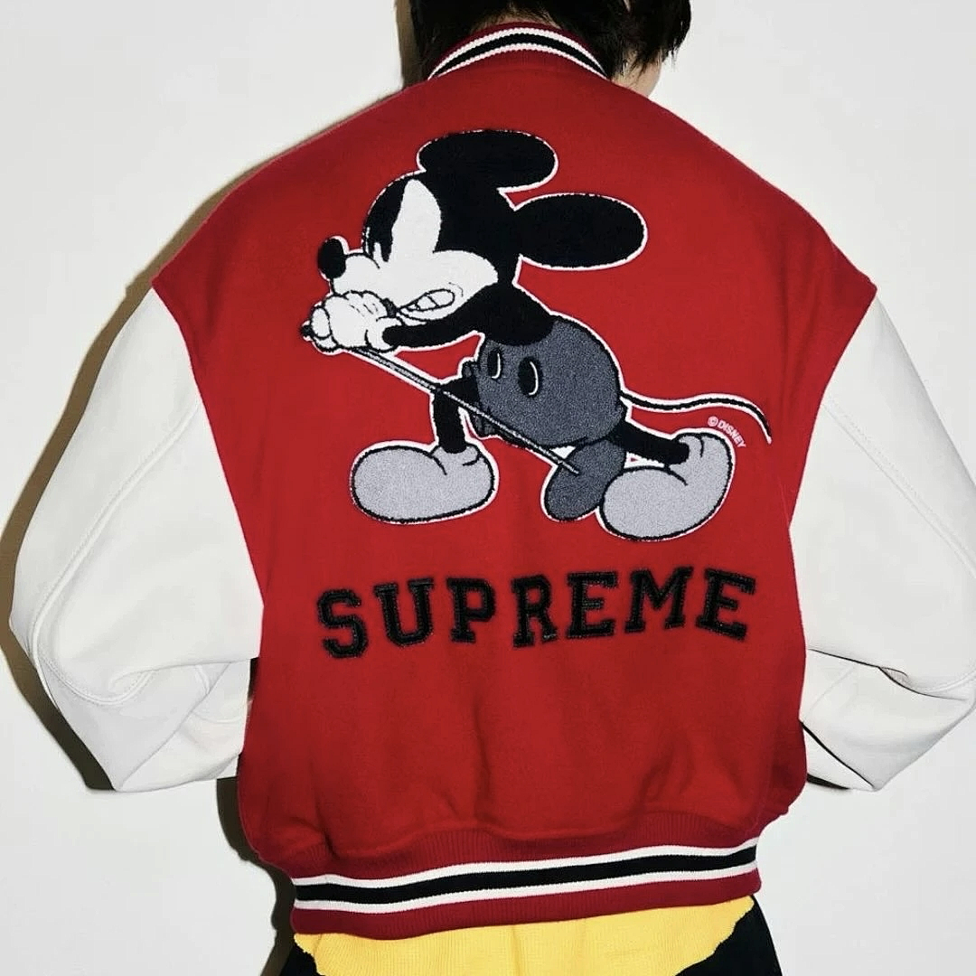 Supreme 568 NUMBER INE Cream Classic Collab MICKEY VARSITY JACKET / Red Black S (N) - Image 57