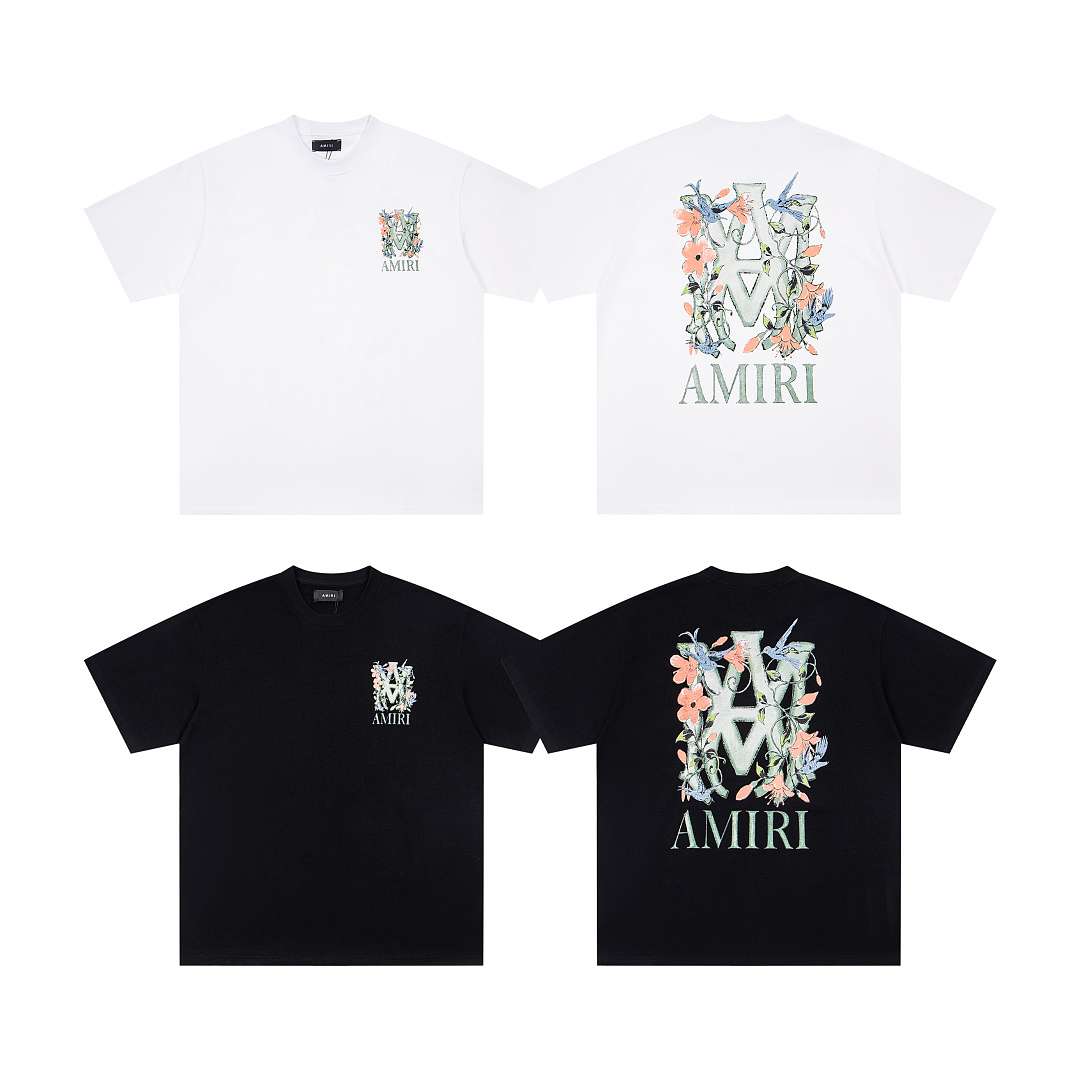 AMIRI 118 Logo Floral Print Short Sleeve T Black White S M L XL 9938# - Image 3