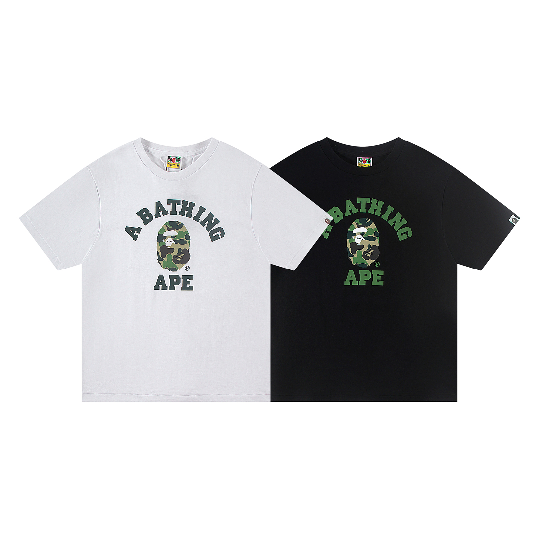 Bape 148 TOP Print Collar Short Sleeve T Black White S-XL
