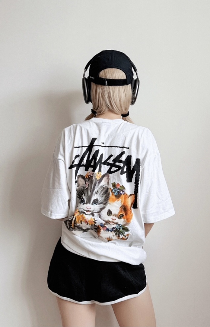 Stussy 108 STU KITTENS TEE 3D Logo Khaki Print Short Sleeve T : White Black S M L XL Y1319# - Image 8
