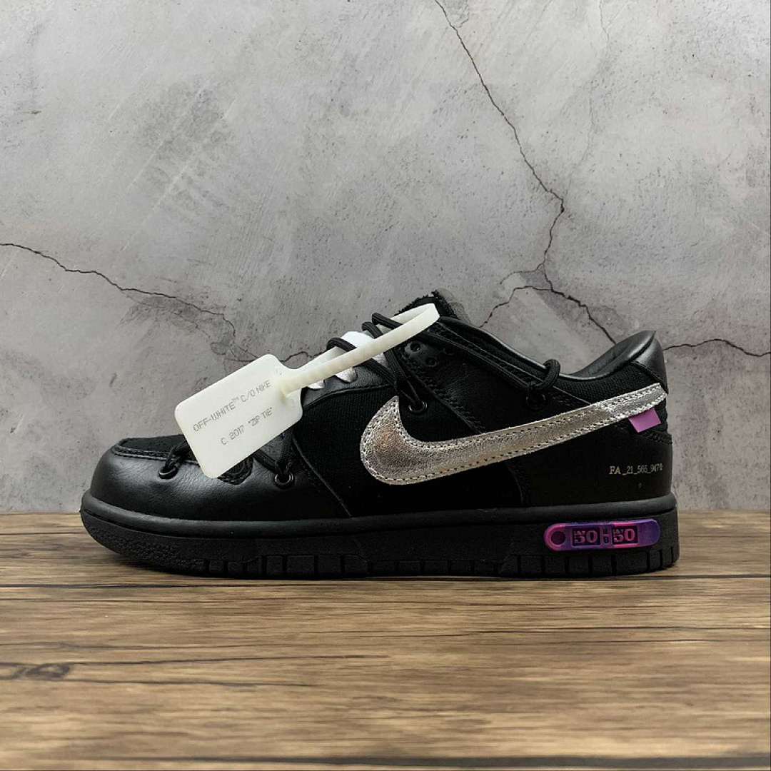 Purple Nike OW X SB DUNK LOW THE 50 BLACK/METALLIC SILVER-PURPLE · DM1602-001, photo 1
