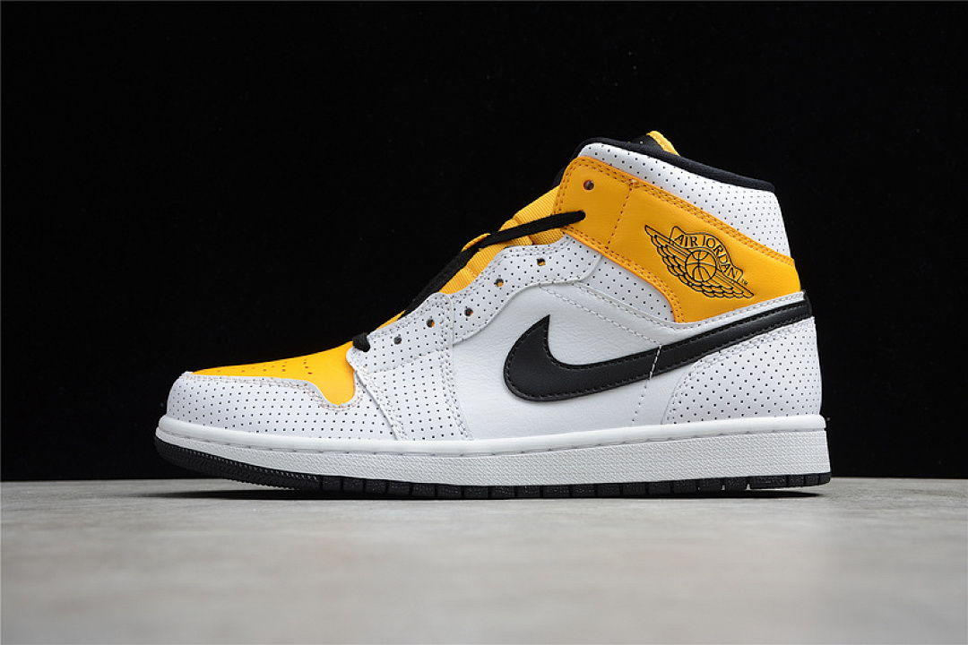 Jordan AIR Jordan 1 MID PERFORATED WHITE/BLACK/UNIVERSITY GOLD · BQ6472-107, photo 1