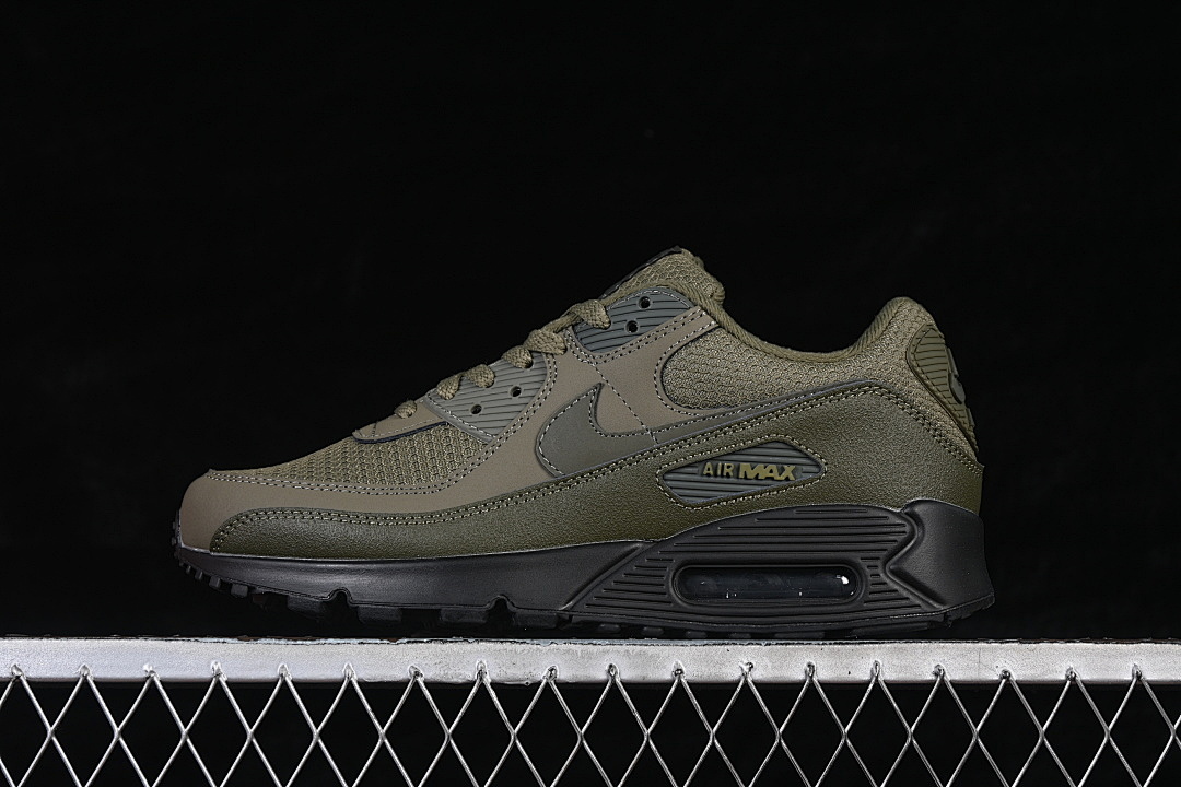 Nike AIR MAX 90 RETRO AIR CUSHIONED RUNNING SHOES BLACK/ARMY GREEN · HQ3828-200, photo 1