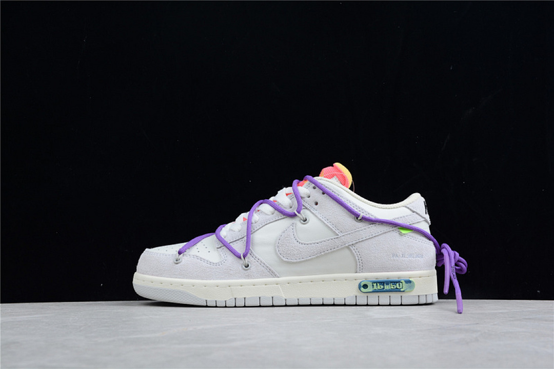 Purple Nike OW X SB DUNK LOW LOT 15 OF 50 SAIL/NEUTRAL GREY/PURPLE · DJ0950-101, photo 1