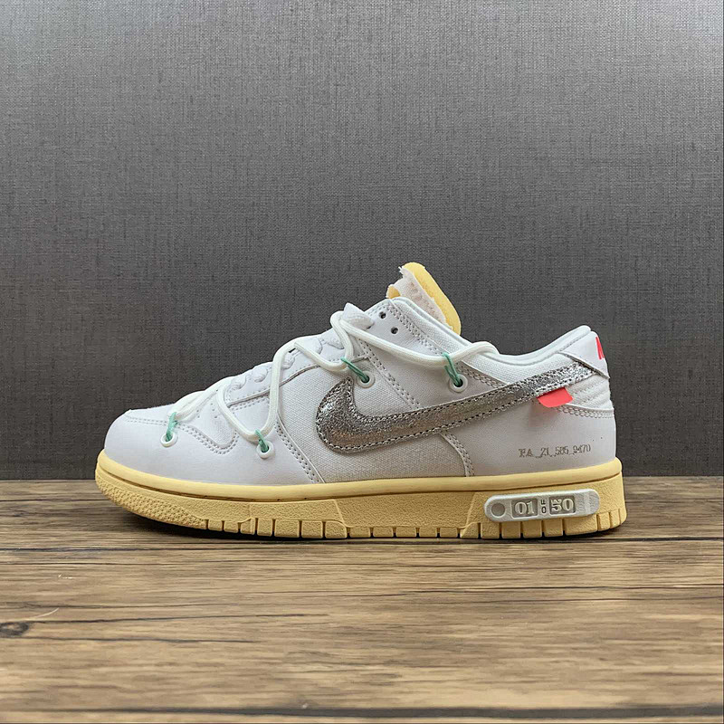 Off-White Nike OW X SB DUNK LOW LOT 01 OF 50 WHITE/METALLIC SILVER/BUTTER · DM1602-127, photo 1