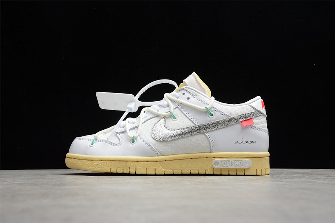Off-White Nike OW X SB DUNK LOW LOT 01 OF 50 WHITE/METALLIC SILVER/BUTTER · DM1602-127, photo 1