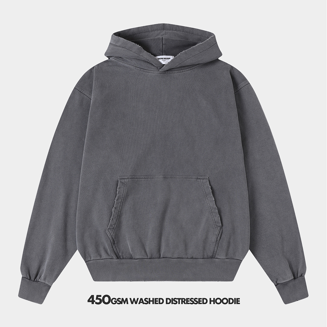 On Running 450Gsm Union Kingdom Distressed Washed Gray 100% Cotton Loose Fit Hoodie