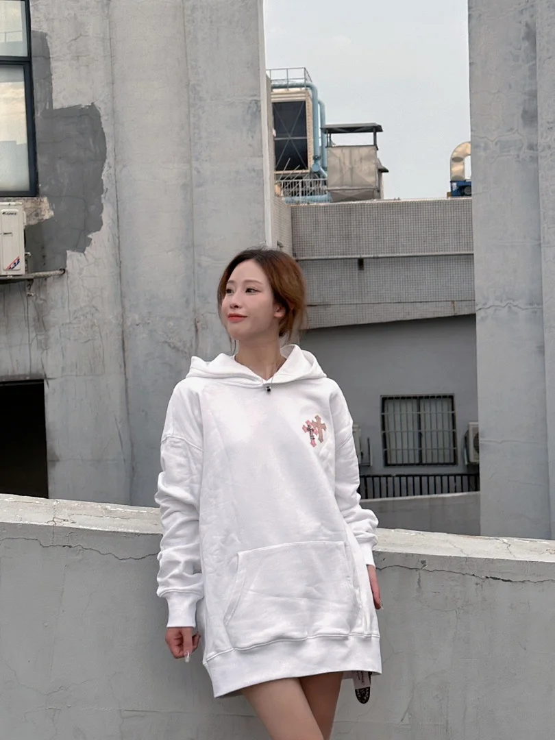 Chrome Hearts Cross Embroidered / Sanskrit Pink Cross Hooded Sweatshirt – White (4)