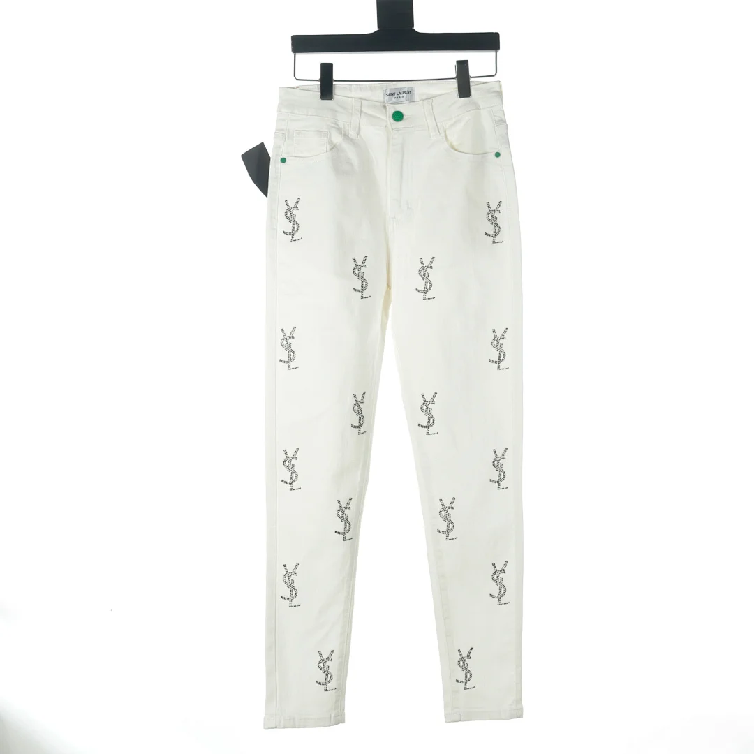 Saint Laurent (YSL) Jean slim/droit à motif monogramme YSL intégral en strass