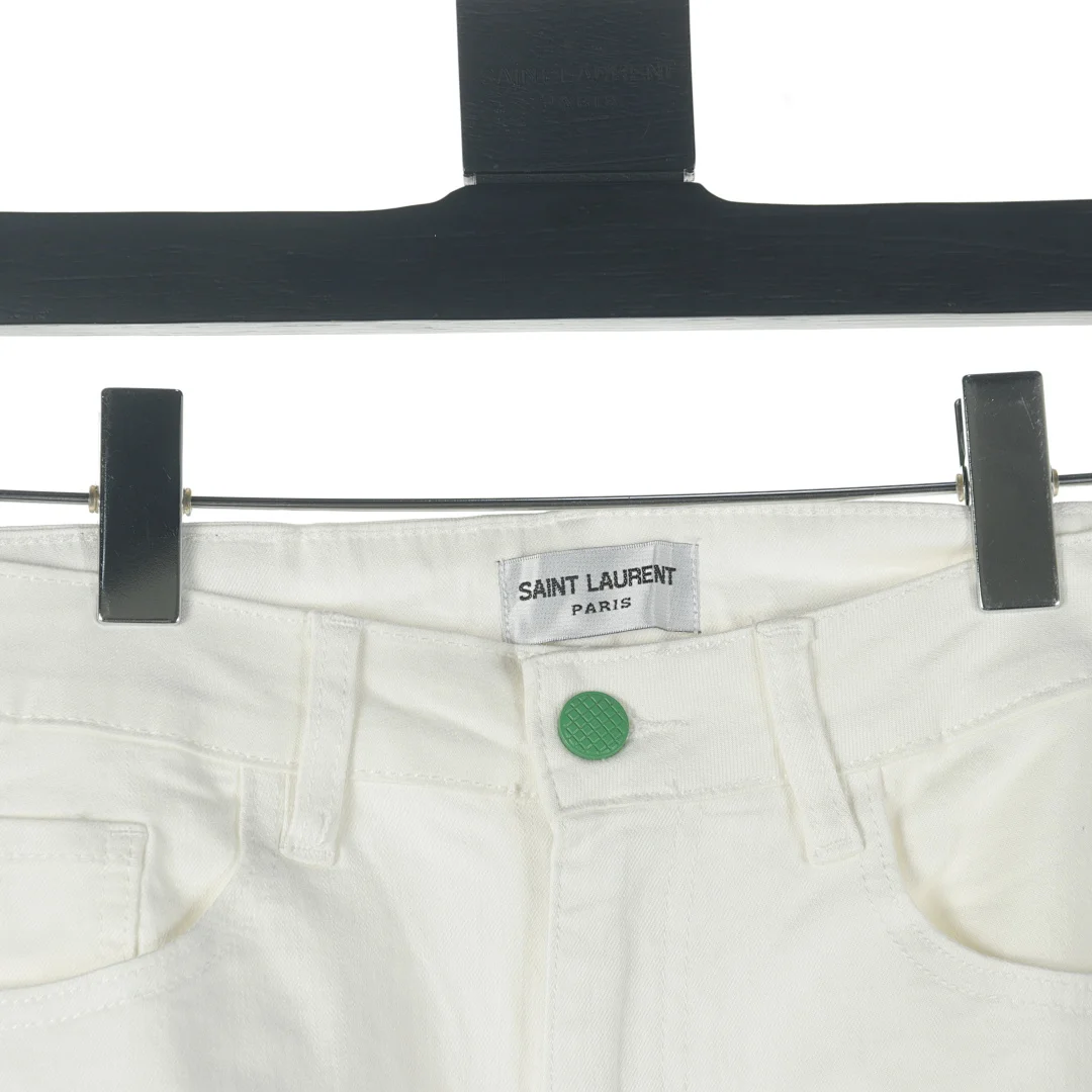 Saint Laurent (YSL) Jean slim/droit à motif monogramme YSL intégral en strass – White (3)