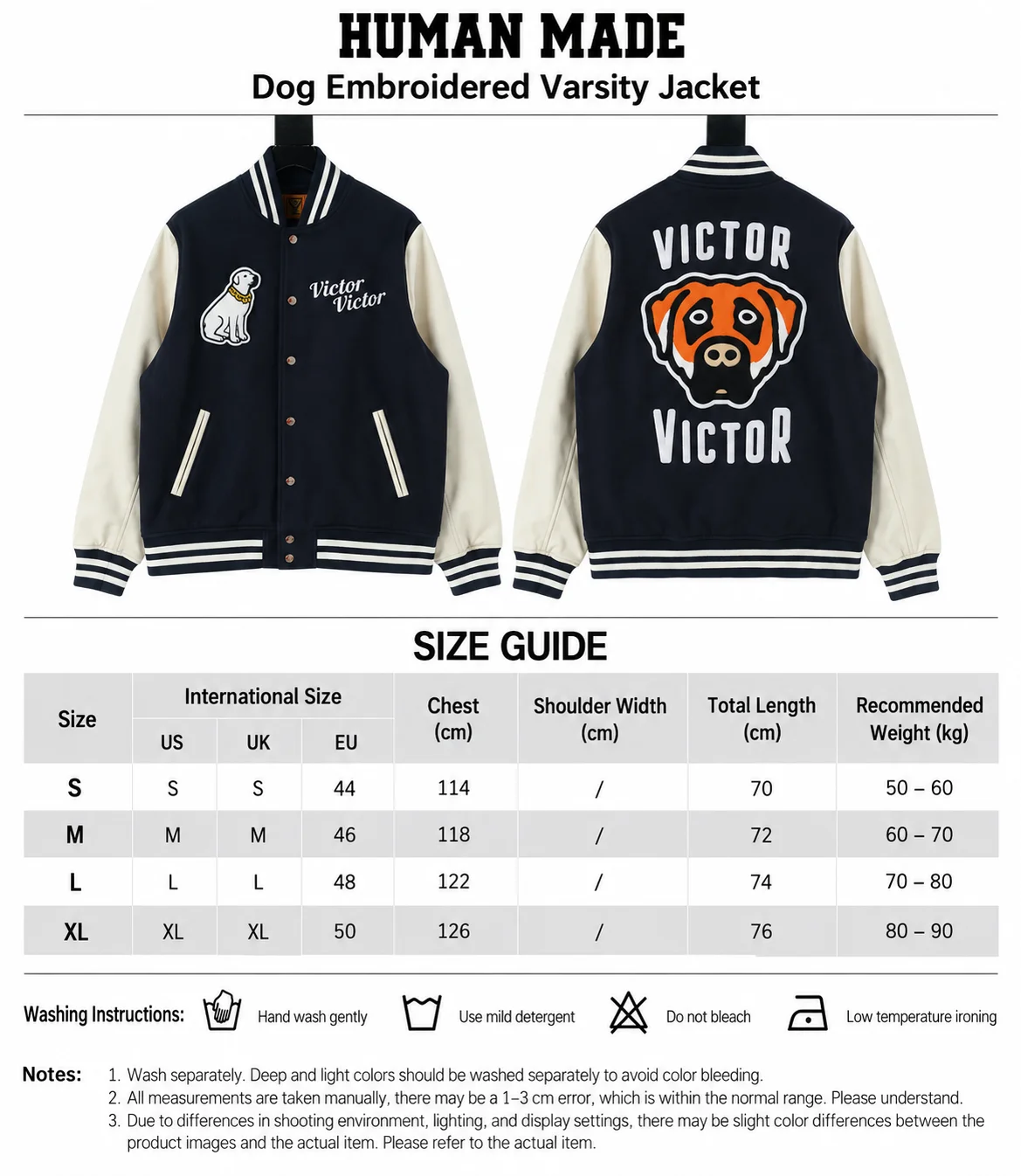 Human Made en collaboration avec Victor Victor Worldwide (conçu par NIGO pour la société médiatique de Steven Victor). Veste universitaire V, coloris Navy / White, vue 3
