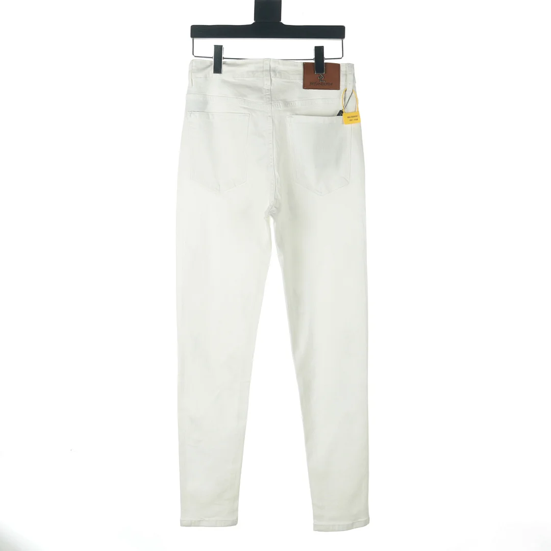 Saint Laurent (YSL) Jean slim/droit à motif monogramme YSL intégral en strass – White (8)