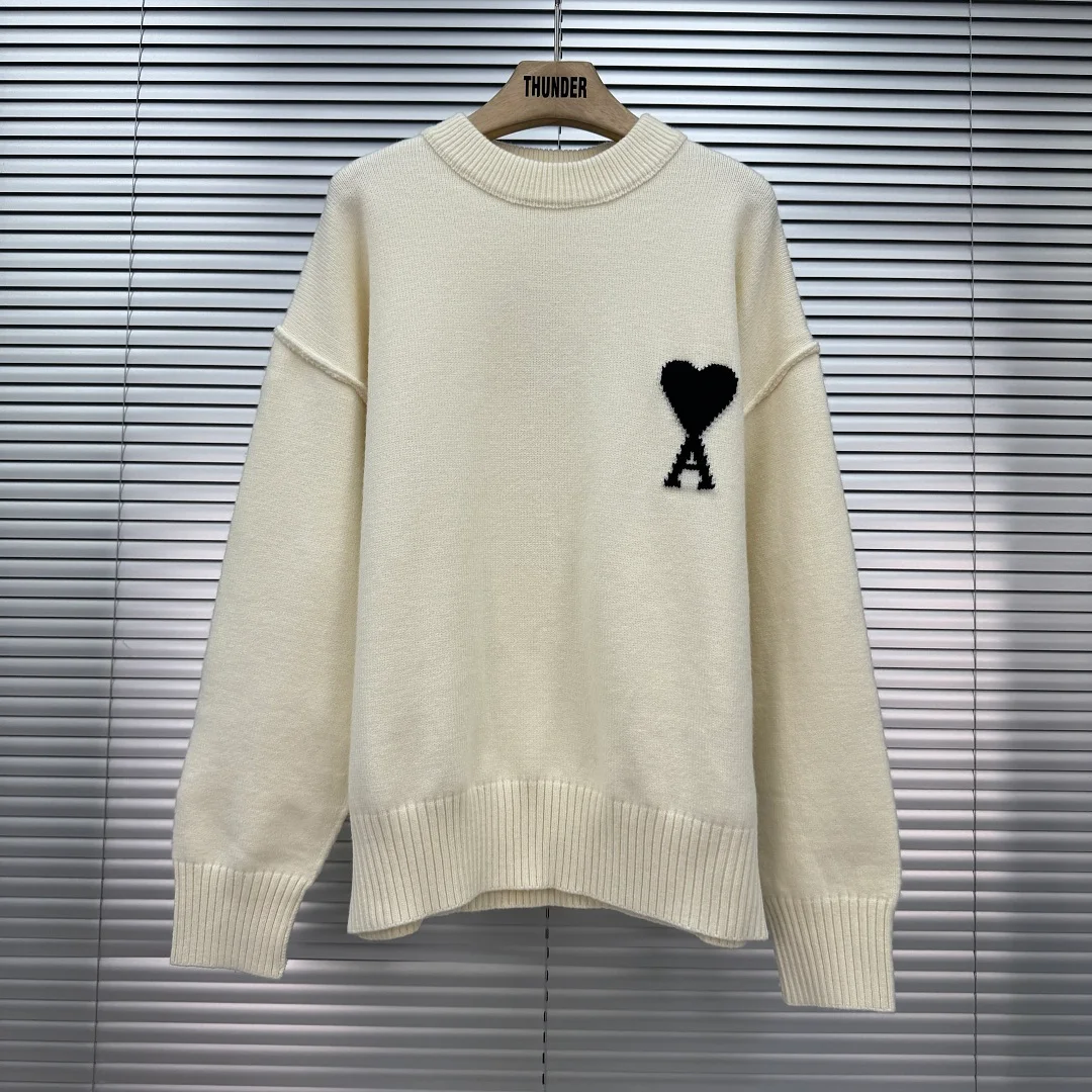 Ami Paris White Wool Ami De Coeur Crewneck Sweater